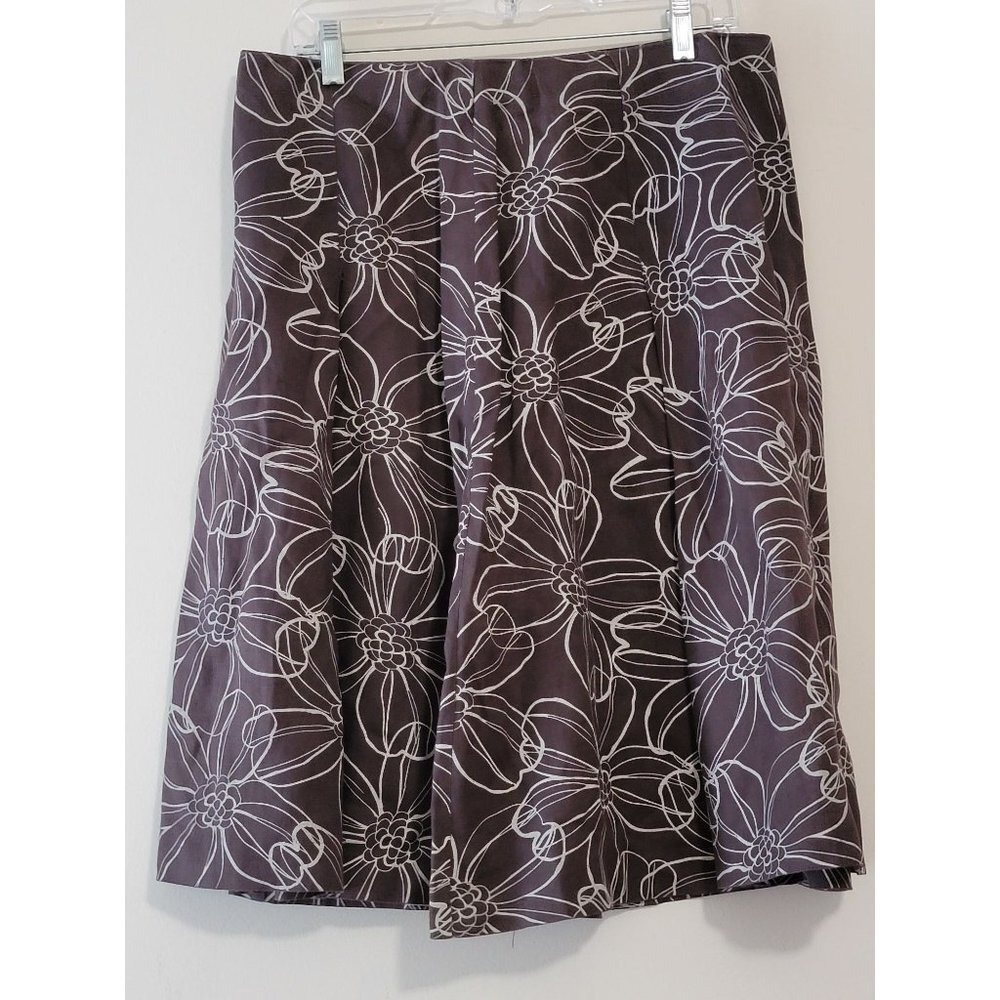 Willi Smith Women Brown White Floral Print‎ Linen A-Line Midi Skirt Size 10